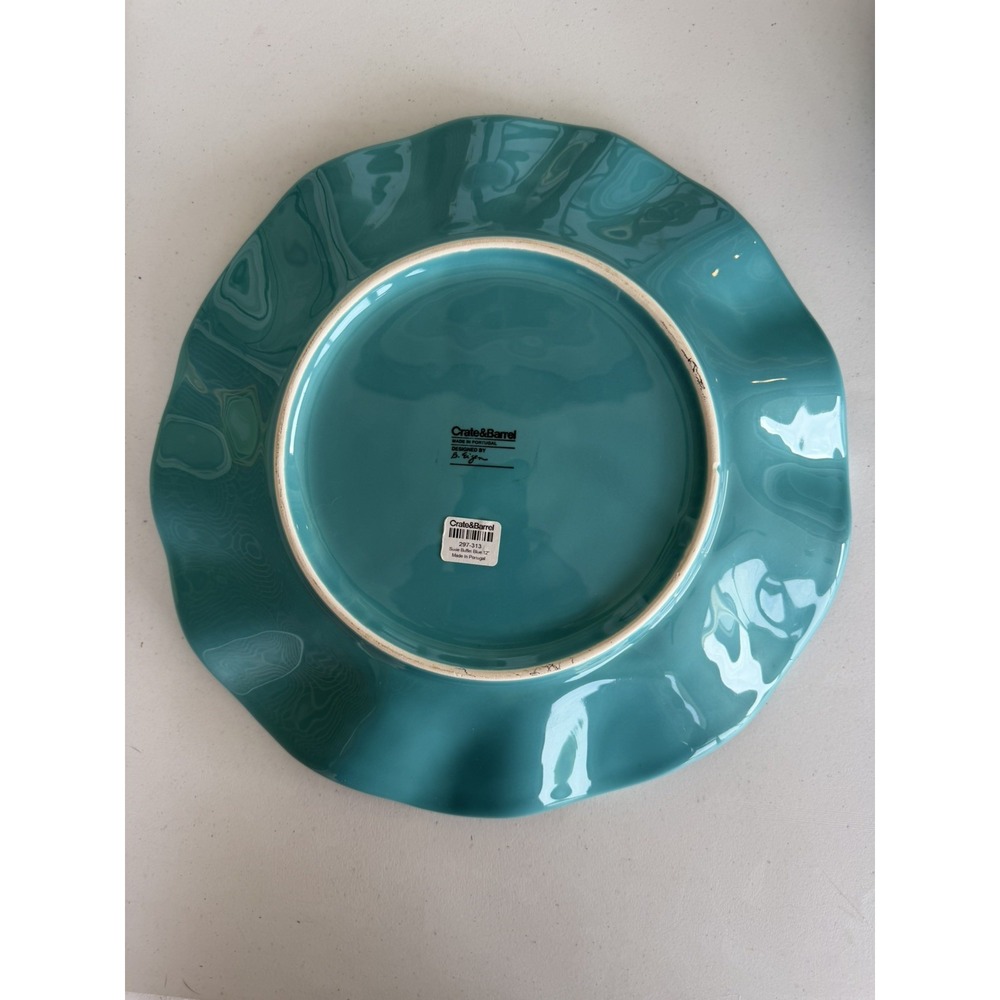 Crate&Barrel Susie B. Eigen 12" Turq Ruffle Dinner Plate Mde in Portugal Set 2 - Picture 4 of 6